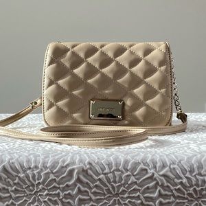 NINE WEST Tan Khaki Quilted Vegan Leather Crossbody Bag with Chained Strap